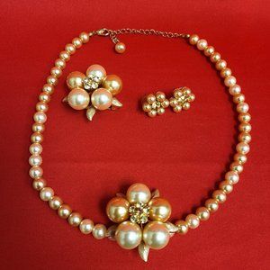 Vintage Golden Faux Yellow Sapphire Pearl Set Necklace Brooch Earrings